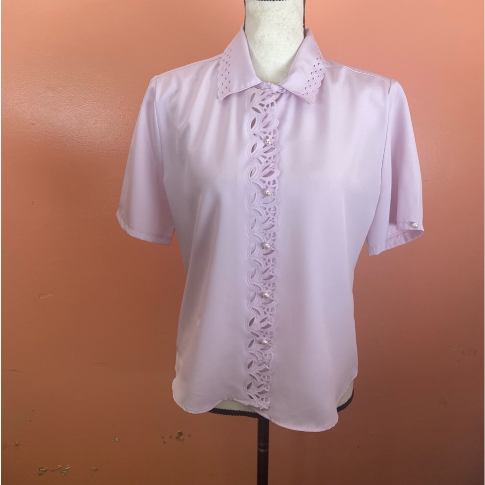 Vintage Lauren Lee Blouse Women Short Sleeve Button Front Cut-out Lace Size S?